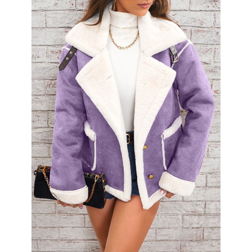 Womens Ultra-Soft Plush Lapel Jacket - Winter Warm Casual Outwear with Stylish Faux Fur Collar - Insulated Comfort, Trendy Design for Versatile Styling