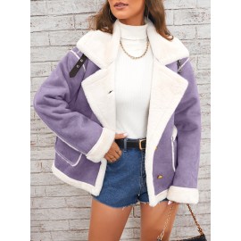 Womens Ultra-Soft Plush Lapel Jacket - Winter Warm Casual Outwear with Stylish Faux Fur Collar - Insulated Comfort, Trendy Design for Versatile Styling