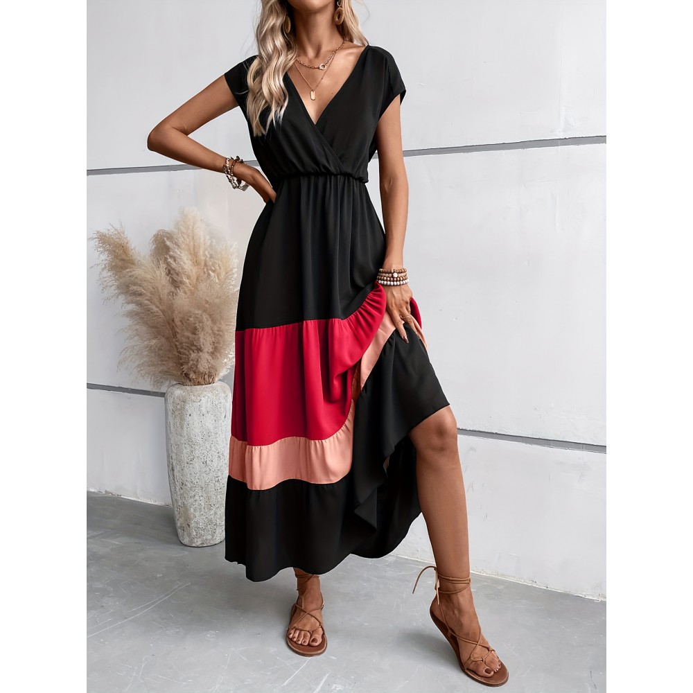 Color Block Pleated Dress, Casual Surplice Neck Cap Sleeve Dress, Women's Clothing