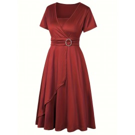 Elegant Long Length V-Neck Asymmetrical Hem Fitted Dress - Tie Waist, Skinny Rhinestoned, Short Sleeve, Polyester, Solid Color, Mid Elasticity - Perfect for Wedding, Occasion, Engagement, Ceremony, Evening Party, Vacation
