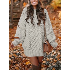 Cozy Cable Knit Sweater Dress - Soft, Casual, Solid-Colored, Long Sleeve, Comfortable, Relaxed Fit, Women's Winter Clothing, Everyday Wear, Office Lady Style