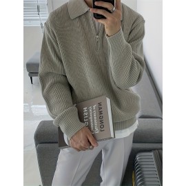 Men's Stylish Solid Knitted Shirt, Casual Slightly Stretch Breathable Lapel Zip Up Long Sleeve Shirt Top For City Walk Street Hanging K-pop