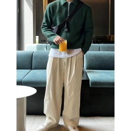 Men's Stylish Solid Knitted Shirt, Casual Slightly Stretch Breathable Lapel Zip Up Long Sleeve Shirt Top For City Walk Street Hanging K-pop