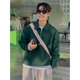 Men's Stylish Solid Knitted Shirt, Casual Slightly Stretch Breathable Lapel Zip Up Long Sleeve Shirt Top For City Walk Street Hanging K-pop