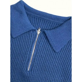 Men's Stylish Solid Knitted Shirt, Casual Slightly Stretch Breathable Lapel Zip Up Long Sleeve Shirt Top For City Walk Street Hanging K-pop