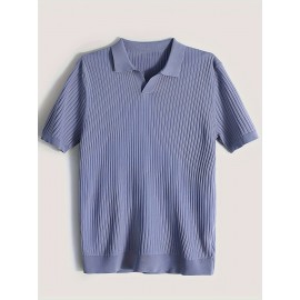 Men's Stripe Pattern Medium Stretch Short Sleeve Lapel Sweater, Men's Casual Solid Color V-Neck Top For Daily Wear & Business Clothing