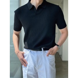 Stretchy V-Neck Pullover Shirt - Soft Ribbed Knit, Short Sleeve, Lapel Collar, Breathable, Moisture-Wicking, Golf and Daily Wear Essential - High-Quality Casual Top for Men