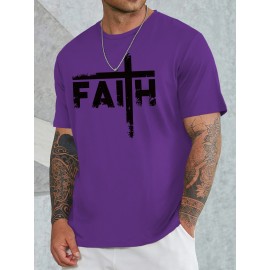 Plus Size Big-Tall Mens Comfy Crew Neck Graphic Tees - Soft Medium Stretch Recycled Polyester, Semi-Sheer Alphabets Pattern, All-Season Casual Chic Sports T-Shirts for Adult - FAITH Graphic Round Neck Summer Clothes