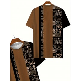 Plus Size Mens Crew Neck Vintage Style Pattern Print T-Shirts - Soft Slight Stretch Polyester Fabric, Machine Washable, Casual and Vintage Tops for Males - Color Block, Gingham, Stripes Designs, Regular Fit, Knit Fabric