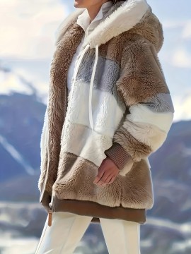 Cozy Fuzzy Color Block Coat - Stylish Hooded Zip Up with Drawstring - Adjustable Long Sleeve Outerwear for Women - Perfect Winter Wear