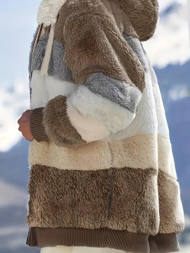 Cozy Faux Fur Hooded Jacket - Stylish Drawstring Design - Warm Long Sleeve Winter Wear for Women