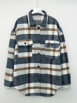 Plaid Tweed Bomber Jacket with Lapel Collar - Soft Slight Stretch Fabric, Micro Elasticity, Random Printing, Two Pockets - Casual Fall/Winter Loose Fit Long Sleeve Jacket for Women