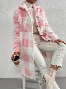 Womens Elegant Plaid Faux Fur Long Sleeve Teddy Coat - Soft Polyester Knit Fabric, Button Front, No Elasticity, Fall/Winter Outerwear for Adult - Chic and Cozy Open Front Design