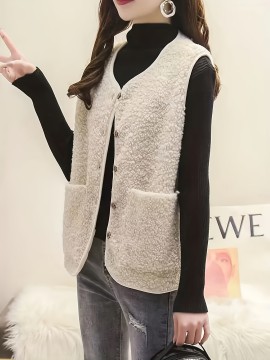 Fuzzy Button Front Vest Jacket, Versatile Sleeveless Jacket For Fall & Winter, Women's Clothing
