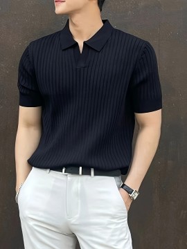 Men's Stripe Pattern Medium Stretch Short Sleeve Lapel Sweater, Men's Casual Solid Color V-Neck Top For Daily Wear & Business Clothing