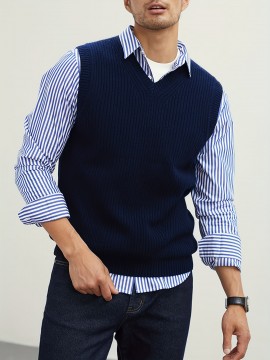 Men's Warm Wool-Blend V-Neck Knit Vest - Comfy Preppy Style Sleeveless Pullover Sweater for Layering