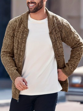 Mens Shawl Neck Cardigan Sweater Cable Knit Zip Up Closure with Pockets Winter Jacket Outerwear
