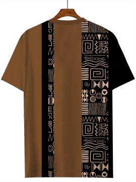 Plus Size Mens Crew Neck Vintage Style Pattern Print T-Shirts - Soft Slight Stretch Polyester Fabric, Machine Washable, Casual and Vintage Tops for Males - Color Block, Gingham, Stripes Designs, Regular Fit, Knit Fabric