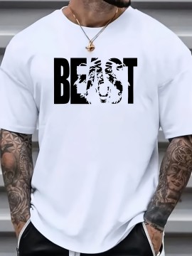 Plus Size Beast Print Casual Tee - Breathable, Comfy, Short Sleeve Summer T-Shirt for Men - Relaxed Fit, Soft Fabric, Vibrant Graphic Print